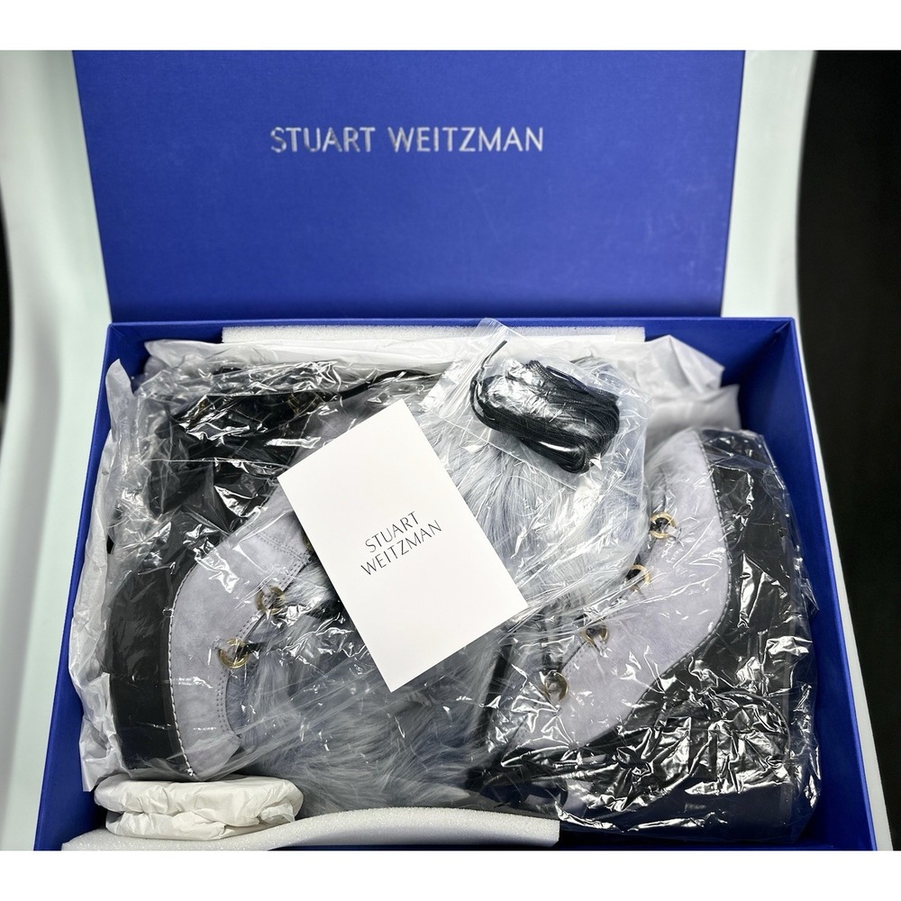 Stuart Weitzman Nikita Fur Wedge Boots 8.5 Blue Leather Suede Shearling Lace Up - Picture 10 of 12